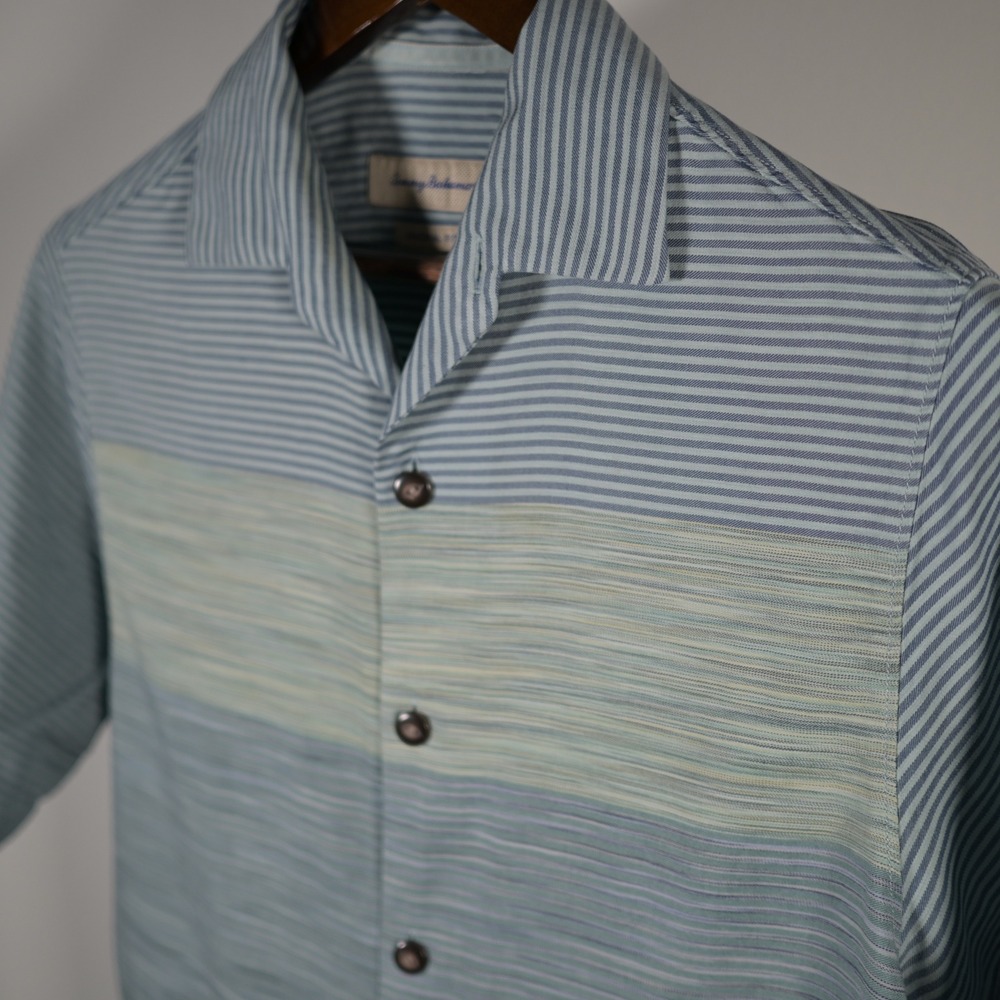 Tommy Bahama $148.Mens Small Blue Green Striped 100% Silk Vacation Summer